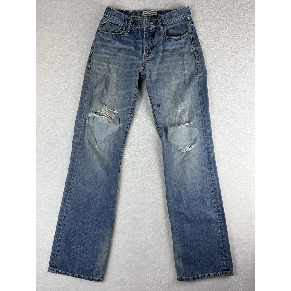 BKE Tyler Straight Leg Mens Blue Patched Destroyed Jeans Size 29L-Flawed